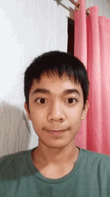 a young boy in a green shirt looks at the camera with a pink curtain in the background