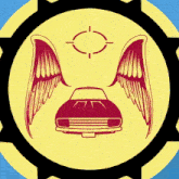 a drawing of a car with wings and a target