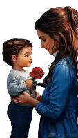 a woman in a blue dress is holding a child who is holding a red rose