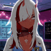 a girl with horns stands in front of a chalkboard that says club