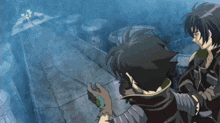 two anime characters are standing next to each other