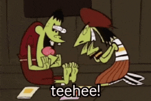 a cartoon of a man and a woman sitting on the floor with the words teehee .