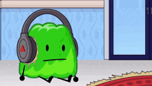 a green cartoon character wearing headphones with an arrow pointing to the top