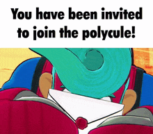 a cartoon character is holding an envelope with the words " you have been invited to join the polycule "