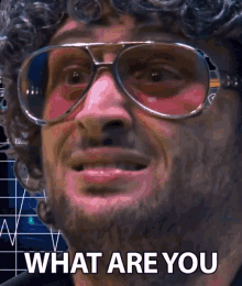 a man with glasses and a wig says what are you