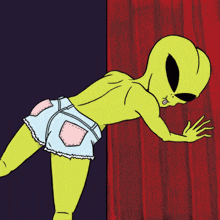 a cartoon drawing of an alien wearing shorts and sunglasses