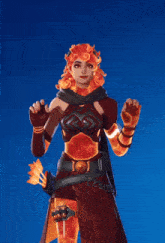 a woman in a fire costume holds a bow and arrow