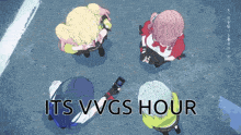 a group of girls are standing in a circle with the words its vvgs hour