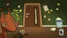 a cartoon giraffe is standing in front of a door with a sticker on the wall that says l on it