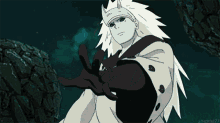 a cartoon character with a long white hair and horns is standing in front of a dark background .