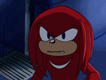 a red cartoon character with purple eyes is standing next to a blue wall