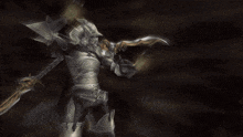 a video game character is holding a sword and the words ruin unflinching are above him