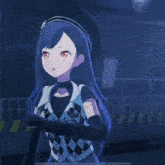 a girl with long blue hair is wearing a vbs vest