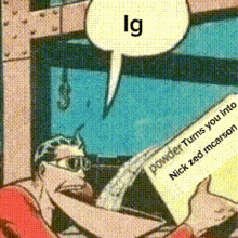 a cartoon of a man driving a car with a speech bubble that says lg