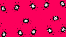 a pink background with a pattern of black and white flowers