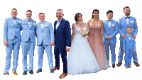 a bride and groom pose for a photo with their wedding party