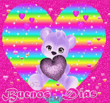 a teddy bear is holding a heart in front of a pink heart and the words buenos dias alma