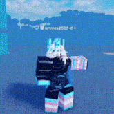 a roblox character is standing in front of a blue background .