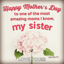 a mother 's day card that says happy mother 's day to one of the most amazing moms i know my sister love you !!!