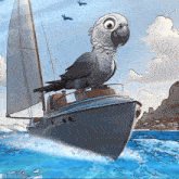a cartoon drawing of a parrot sitting on a boat