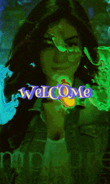 a green background with a woman and the words welcome on it
