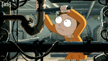 a cartoon character is holding a wrench over a pipe and the letters eas are visible in the corner