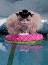 a cartoon hedgehog wearing a top hat is floating on a pink float in a pool
