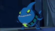 a cartoon of a girl standing in a room with a blue monster in the background