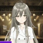 a girl with long grey hair and a white shirt is standing in a room