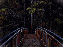 a painting of a bridge in the snow