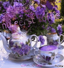 nu eerst koffie coffee first purple flowers coffee