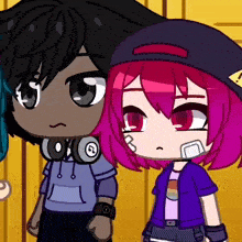 a boy and a girl are standing next to each other with the girl wearing headphones