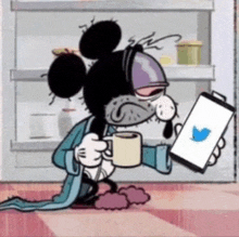 a cartoon of mickey mouse holding a cup of coffee and a twitter app