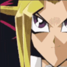 a close up of a cartoon character 's face with a purple eye .