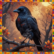 a black bird sitting on a tree branch with leaves in the background