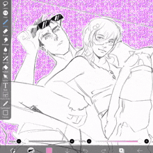 a black and white drawing of a man and a woman laying next to each other .