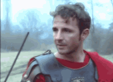 a man in armor stands in a field with a spear