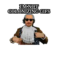 a man with a scarf around his neck and the words i 'm not colonizing gifs behind him