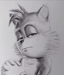a black and white drawing of a fox making a funny face .