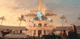 a cartoon character is projected onto the front of a building that says palm