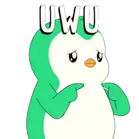 a green and white penguin with the word uwu written above it