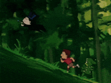 a cartoon of a boy running through the woods