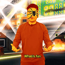 a man with a spider on his face and the words what 's fun on his shirt