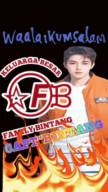 a man in an orange jacket is standing in front of a logo that says keluarga besar