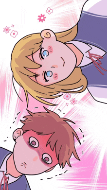 a boy and a girl are looking up at each other with flowers in the background