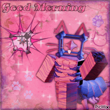 a pink greeting card that says good morning with a cat on it