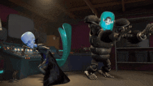 two cartoon characters standing next to each other and one has a helmet on