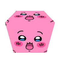 a pink square with a cartoon face on it 's side