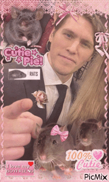 a man in a suit and tie is surrounded by rats and says cutie pie