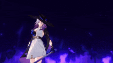 a witch with a purple cape and a blue shield with a snake on it